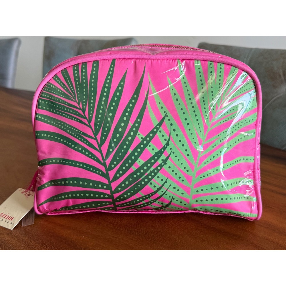 Trina Turk Palm Vibes Cosmetic Case Leaf Print Makeup Bag Pouch Pink Green NWT